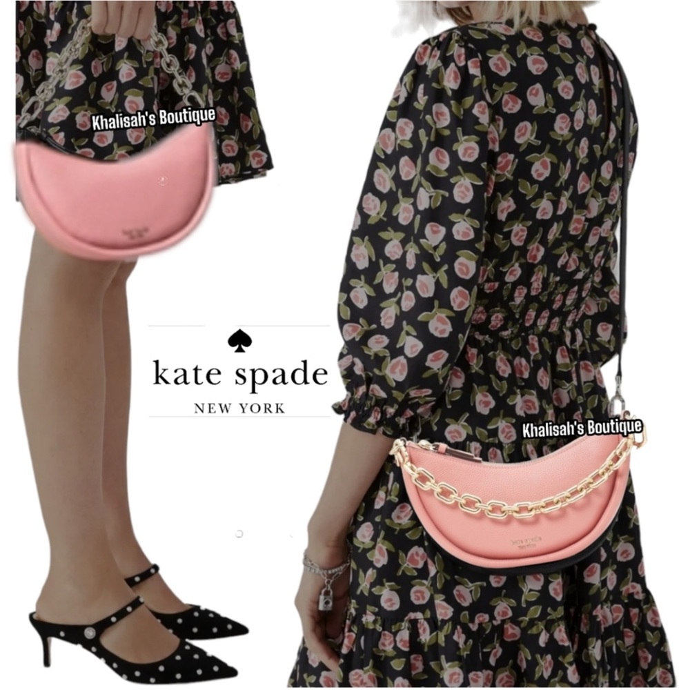 NWT AUTHENTIC Kate Spade Convertible Crossbody Smile Bag Pink Leather Gold Chain - Picture 1 of 17